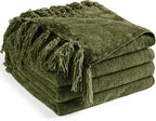 Chenille Throw Blanket for Couch 60"X 80" Twin, Soft Cozy Throws with Fringe Tassel for Bed Sofa Chair Cover, Lightweight Knitted Decorative Boho Blankets for Living Room, Olive Green