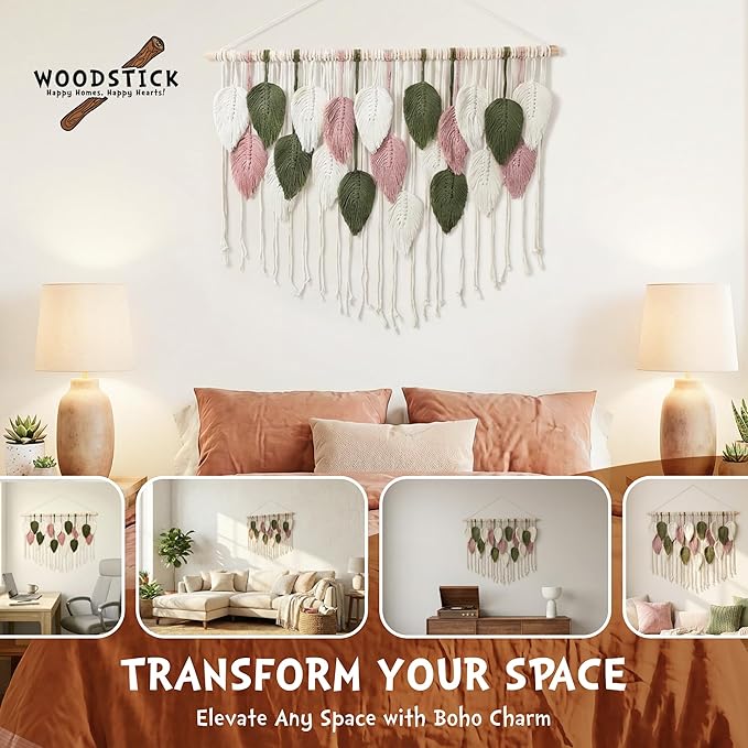 WOODSTICK Large Macrame Wall Hanging 39"W x 29.5"L - Boho Wall Decor in Beige, Old Pink & Green - Chic Woven Leaf Leaves Boho Tapestry, Handmade Cotton Fiber Art, Macrame Wall Décor, Bedroom Tapestry