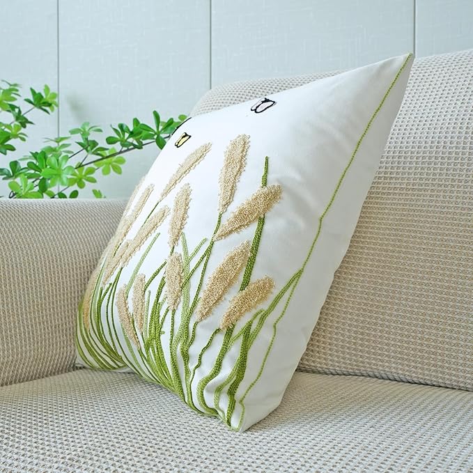 vctops Farmhouse Pampas Grass Cotton Tufted Throw Pillow Cover Boho Embroidery Pillowcase Soft Square Cushion Case for Sofa Couch Bed Chair (Khaki,18"x18")