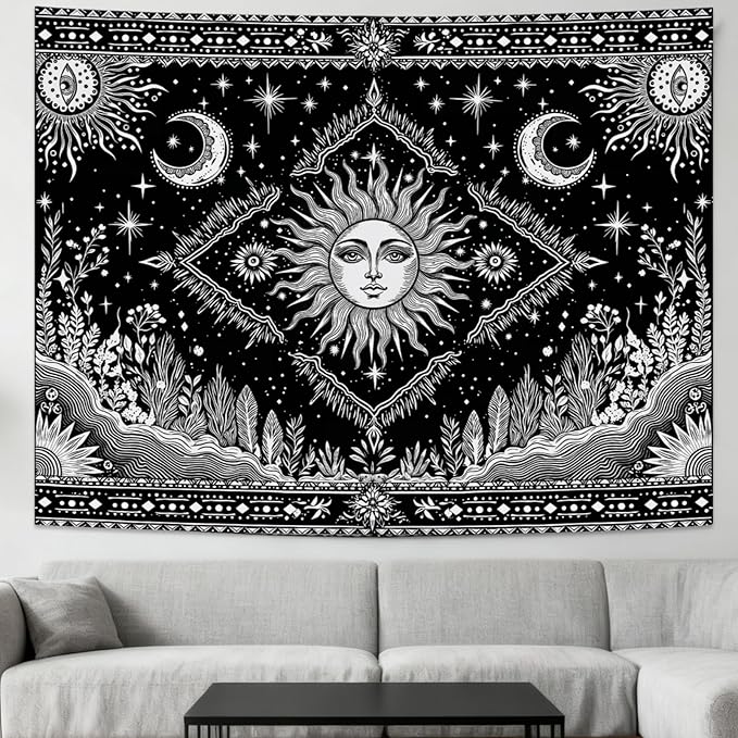 Accnicc Black and White Sun and Moon Tapestry Hippie Boho Celestial Wall Tapestry for Bedroom Aesthetic Vintage Plant Spiritual Small Tapestries Wall Hanging for Dorm Living Room Decor 60 x 44 Inch