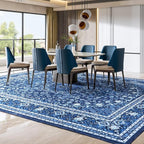 Lessymo 8 x 10 Area Rugs for Living Room- Machine Washable Area Rugs Boho Faux Wool Low Pile Area Rug for Bedroom Floral Medallion Vintage Rugs with Non-Slip Rubber, Kid & Pet Friendly, Blue White
