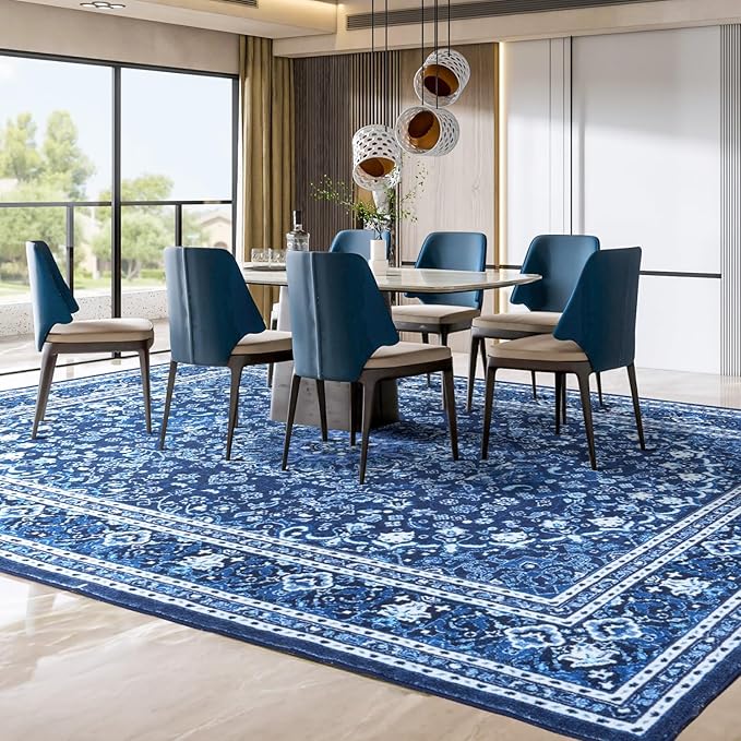 Lessymo Area Rugs 10 x 14 for Living Room, Machine Washable Area Rugs Boho Faux Wool Low Pile Area Rug for Bedroom, Floral Medallion Vintage Rugs with Non-Slip Rubber, Kid & Pet Friendly,Blue White