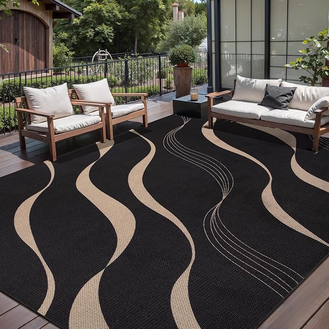 Tangsoo Easy Jute 6x9 Washable Area Rugs for Living Room,Black Non Slip Indoor Outdoor Carpet,Farmhouse Modern Large Throw Mat for Office Balcony Backyard Dining Room Sunroom