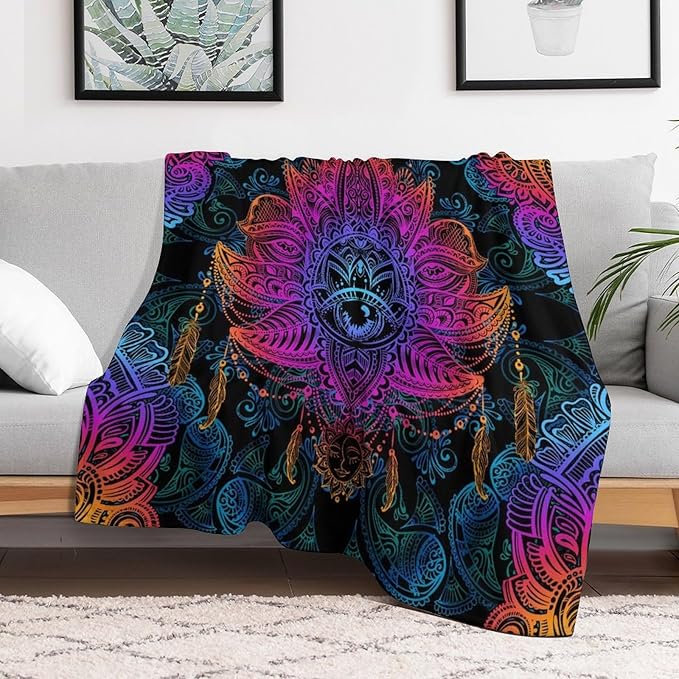 Mandala Boho Throw Blanket Colorful Floral Bohemian Blanket for Sofa Bed Couch Chair Or Dorm 50"x60"