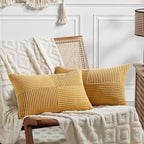 Fancy Homi 2 Packs Gold Yellow Lumbar Decorative Throw Pillow Covers 14x24 Inch for Couch Bed Sofa, Rustic Farmhouse Boho Spring Home Decor, Soft Striped Corduroy Rectangle Accent Cushion Case 35x60cm
