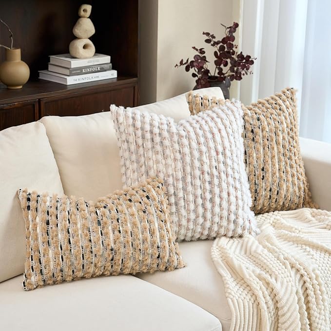 Aeckself Handmade Boho Chenille Tufted Pillow Cover 12x20 Inch, Rectangle Decorative Lumbar Throw Pillow Cover Neutral Pillowcase for Couch Bedroom Living Room, Brown Blue
