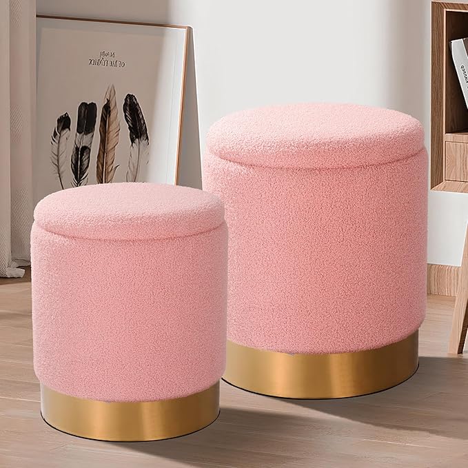 Round Storage Ottoman Set of 2- Multi-Functional Footrest & Vanity Stool for Living Room, Space-Saving Side Table with Hidden Compartment, Sturdy Seating for Small Apartments & Bedroom, Pink