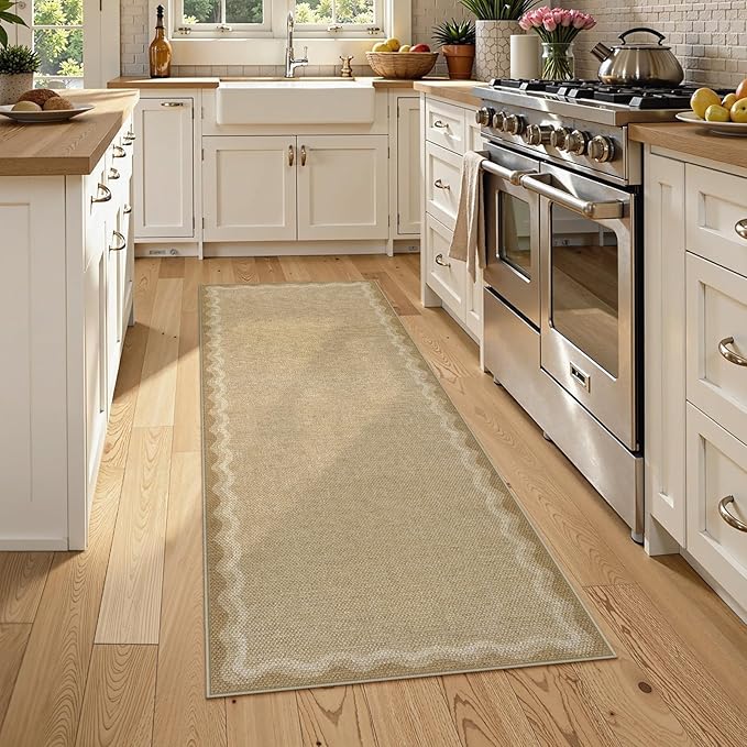 LIVEBOX Scalloped Washable 2x6 Kitchen Runner Rug, Easy Jute Geometric Tan Rug for Entryway, Indoor Outdoor Non Slip Rugs Farmhouse Modern Carpet Door Mat for Porch Bedroom Laundry Room Hallway