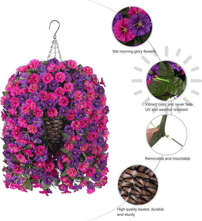 Artificial Fake Flowers Plants Hanging Baskets for Outdoor Outside, Faux Silk Hanging Dark Purple and Fuchsia Morning Glory Trailing Vines UV Resistant Look Real for Porch Patio Home Decoration
