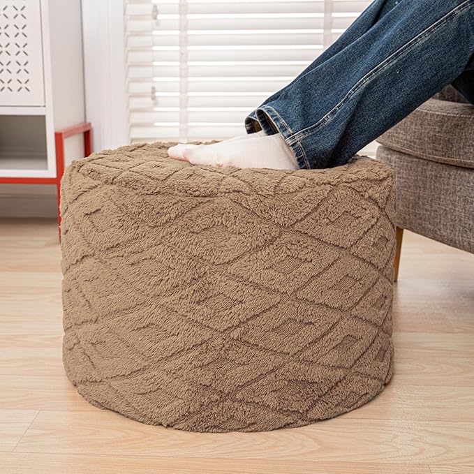 Fluffy Round Ottoman Pouf with All-in-One Foam Filling 20" x 14" Furry Ottoman Foot Rest Foot Stool for Living Room or Bedroom (Light Coffee)
