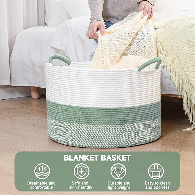 CLHMILY&Z Round Cotton Rope Storage Basket - 22x14.2 Inches - Cute Nursery Bin, Baby Toy Organizer, Green Organizer for Home Decor, Multi-Purpose Home Tidy Solution