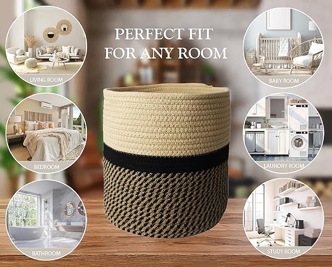 Decorative Baskets for Plants| 9- & 11-inch Pots for Indoor Plants | Floor Planter Pot Cover | Rope Plant Basket for Indoor (Small 9" Round, Tan/Black)