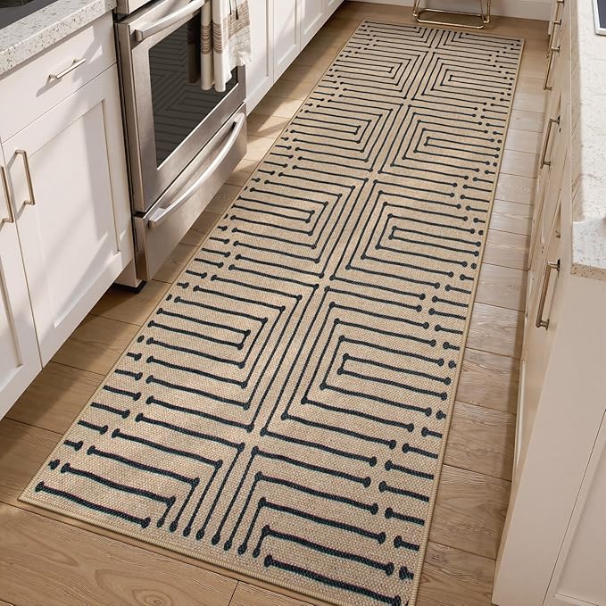 Lahome Maze Lines Easy Jute Runners for Hallways, 2x8 Washable Rug Runner Non Slip Stain Resistant, Farmhouse Low Pile Indoor Outdoor Carpet for Indoor Entryway Laundry Kitchen