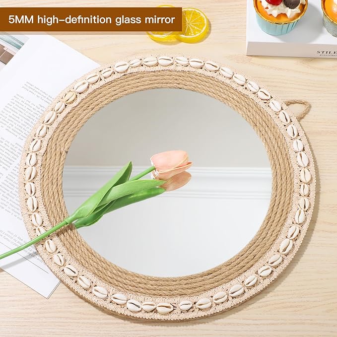 Round Mirrors for Wall, Hand-Woven Shell Lace Decorative Mirror, Boho Mirrors for Over Sink, Wall Decor for Bathroom, Entryway, Bedroom, Vanity (Natural)