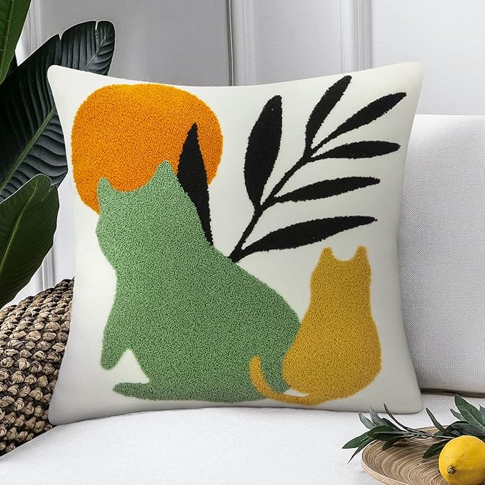 JASEN Boho Textured Throw Pillow Covers 18x18 Cute Absract Cat Tufted Pillow Covers Aesthetic Decorations Cushion Case for Bed Couch Sofa Home Decor（Only 1 Pillow Cover）