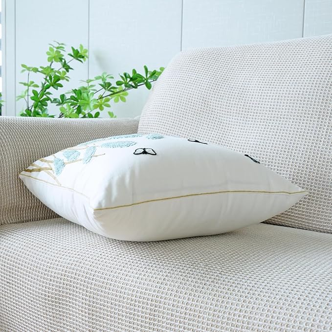 vctops Farmhouse Pampas Grass Cotton Tufted Throw Pillow Cover Boho Embroidery Pillowcase Soft Square Cushion Case for Sofa Couch Bed Chair (Blue C,18"x18")