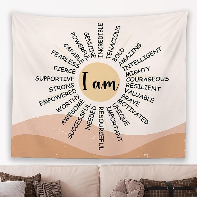 MNOSAIOO Inspirational Boho Sun Wall Tapestry Hanging for Classroom Kids, I Am Brave Important Tapestry, Motivational Mental Health Tapestries Wall Decor for Bedroom Therapy Office Home 60x50 inch