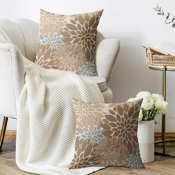 Light Brown Grey Gray Pillow Covers 18X18 Inch Set of 2, Dahlia Flower Spring Summer Floral Cream Decorative Throw Pillow Covers Outdoor Modern Farmhouse Cushion Case for Home Couch Sofa Bed Decor