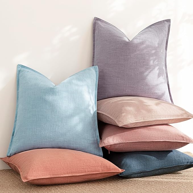 Foindtower Pack of 2, Decorative Linen Soild Throw Pillow Covers Soft Accent Euro Cushion Case Farmhouse Neutral Pillowcase for Chair Couch Sofa Bedroom Living Room Home Decor 24 x 24 Inch Light Blue