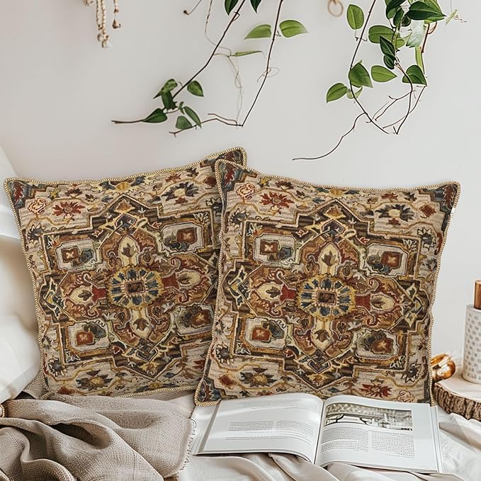 KSLIDS Boho Brown Soft Velvet Throw Pillow Covers Set of 2 Vintage Bohemian Rug Carpet Decorative Pillow Covers 16x16 Inch Antique Ethnic Pillow Case for Sofa Couch Living Room Home Decor