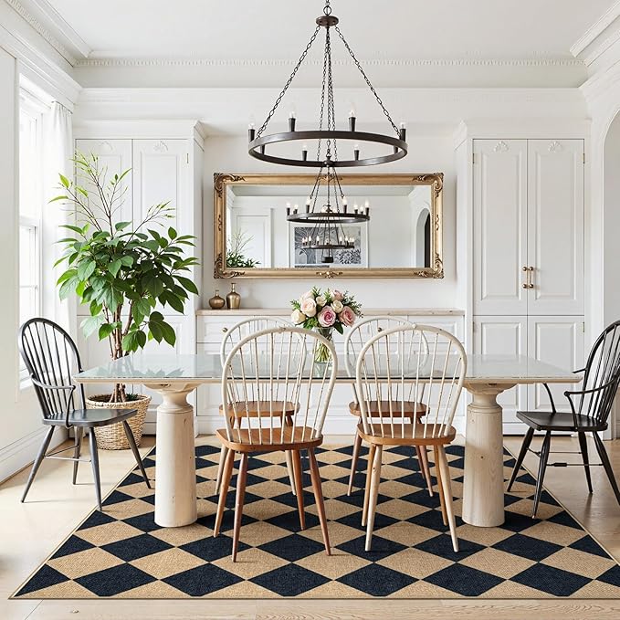 Lanffia Checkered Easy Jute 5x7 Outdoor Rug, Black Washable Rugs 5x7 for Living Room Neutral Indoor Outdoor Carpet, Non Slip Stain Resistant Checkerboard Rug for Backyard Dining Room Classroom