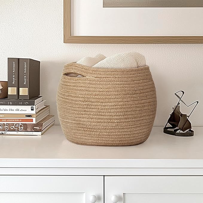 Decorative Wicker Storage Basket, 11" x 9" Indoor Plant Basket for Home Decor, Round Woven Dog Cat Toy Bin with Handle, Bathroom Towel Storage, Jute Planter Holder, Shelf Closet Organizer