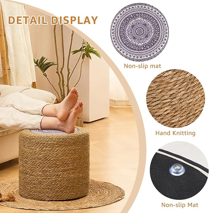 Wimarsbon 18'' Ottoman Pouf, Natural Braided Poof, Rustic Handweave Lounge Pouffe, Boho Footrest Stool for Bedroom, Accent Table for Living Room (18inch Natural Cattail-Boho Style 2)