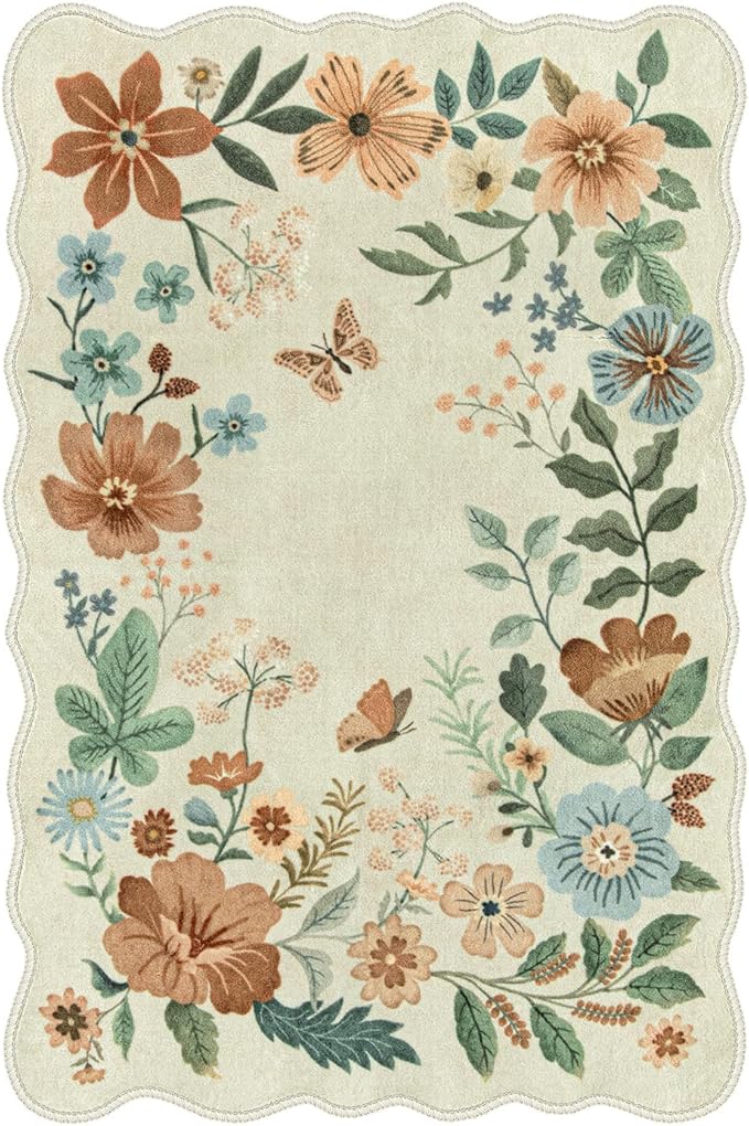 Lahome Floral Small Rug, 2X3 Kitchen Rugs Non Slip Washable Rug Ultra-Thin, Soft Front Door Mat Indoor Entrance Stain Resistant Boho Low-Pile Entry Carpet for Bathroom Bedroom Flore (2x3ft,Beige)