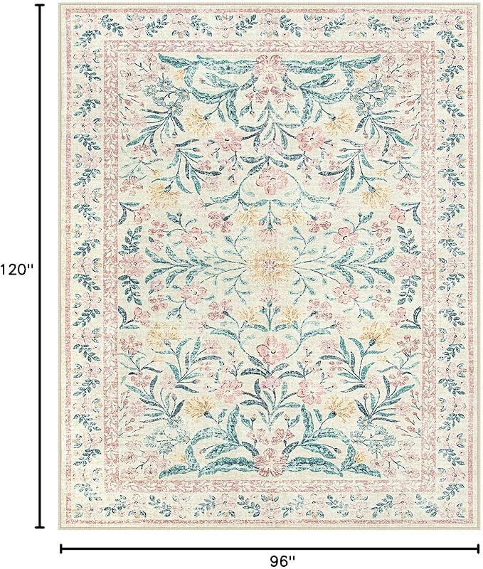 Lahome Sylvie Large Rugs for Living Room, Boho Machine Washable 8x10 Area Rugs Girls Bedroom Decor, Ultra-Thin Soft Distressed Floral Carpets Non Slip for Office Dining Room, Pink/Multi