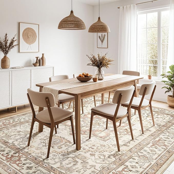 Washable Rug 8x10 Area Rugs: Boho Vintage Distressed Oriental Medallion Neutral Thin Large Rug Carpet for Living Room Bedroom Dining Room Home Office Decor - Beige