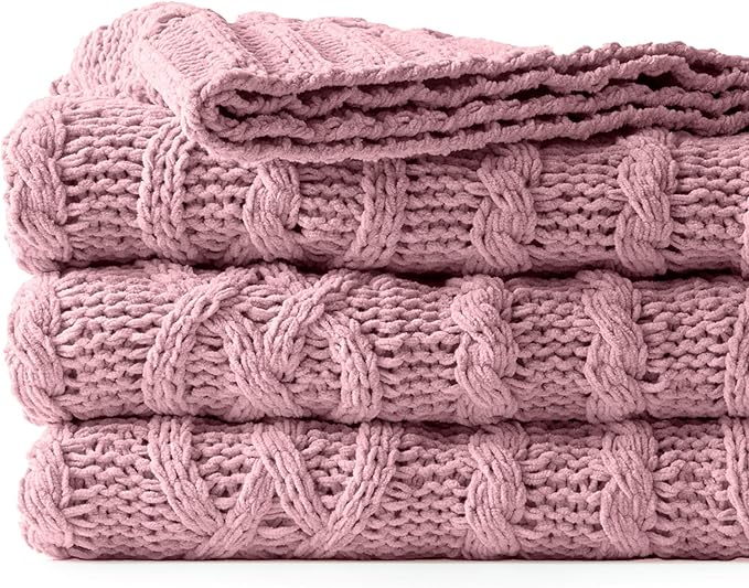 Battilo Pink Throw Blanket for Couch, Cable Knit Blanket, Soft Chenille Throw Blanket, Cozy Warm Blankets for Girls Daughter Women Gifts for Mom, 51"x67", Blush