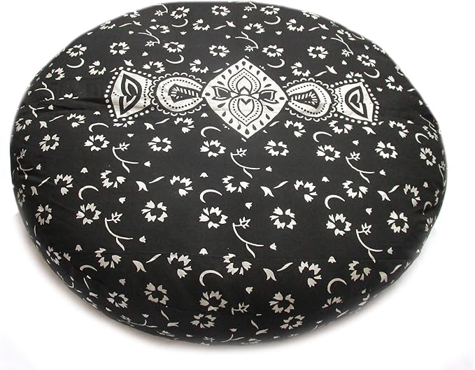 CRAFT KALA Mandala Floor Pillow Cushion Cover Seating Throw Cover Hippie Decorative Bohemian Ottoman Poufs Pom Pom Pillow Cases Boho Indian Cotton Living Room Home Décor 35" Round, Black Silver Flower