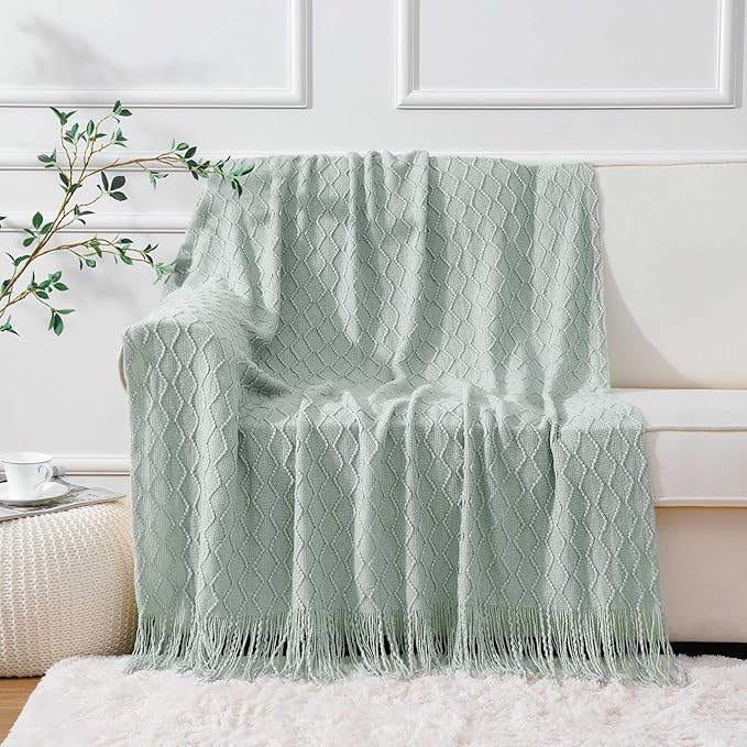 BATTILO HOME Sage Green Throw Blanket for Couch, Light Blue Knit Throw Blanket, Decorative Textured Sage Throw for Home Decor, 50"x60"