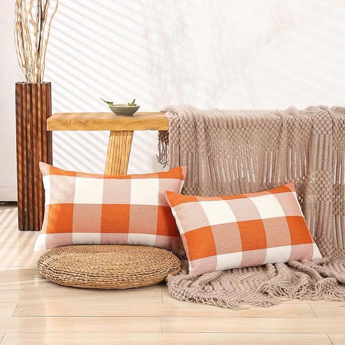 CARRIE HOME Burnt Orange Plaid Fall Lumbar Pillow Covers 12x20 Set of 2 Farmhouse Buffalo Plaid Halloween Lumbar Pillows 12 x 20 Outdoor Farmhouse Decor for Couch Sofa and Patio