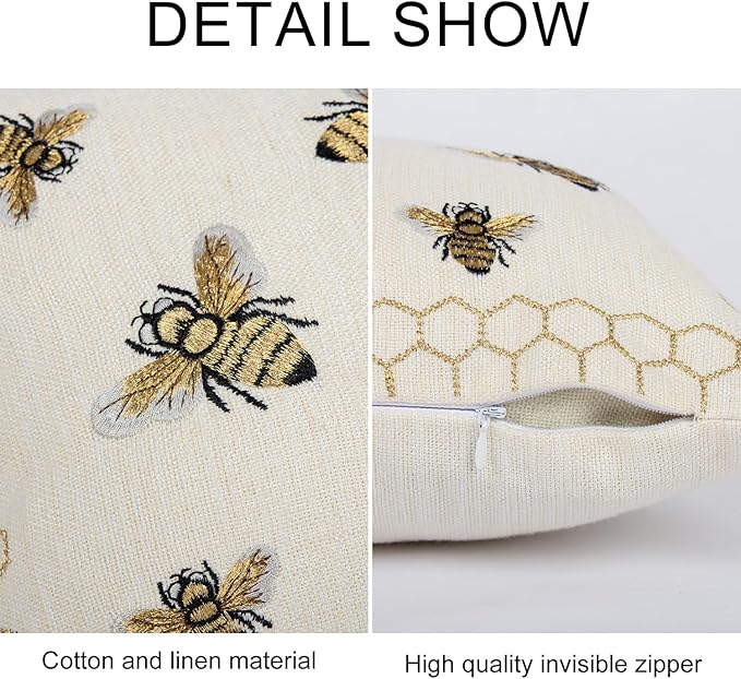 Honeycomb Throw Pillow Cover 12x 20, Gold Embroidered Bumble Lumbar Linen Pillow Cushion Case, Bee Farmhouse Home Decor for Outdoor Couch Bedroom Car