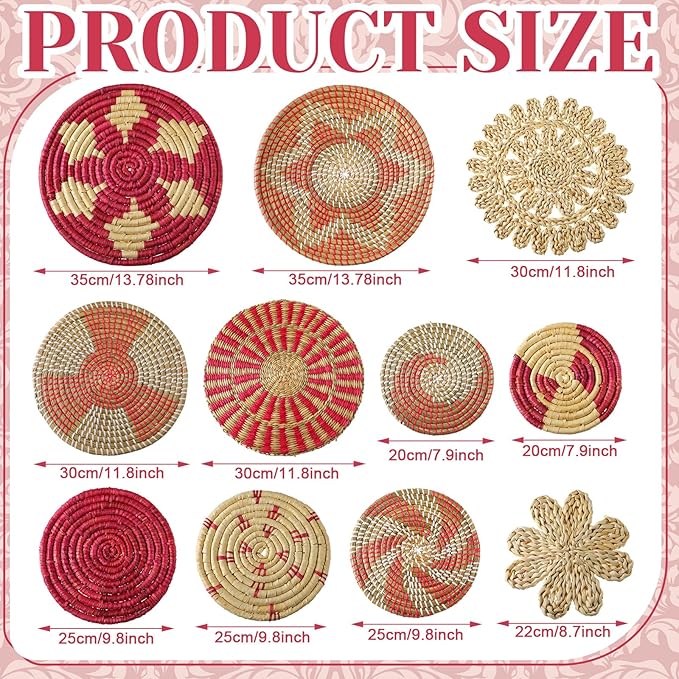 Tatuo 11 Pcs Boho Wall Basket Decor Decorative Bulrush Woven Basket Wall Decor Art Round Farmhouse Hanging Baskets for Kitchen Rustic Home Summer Decorations, Multi Sizes (Pink)