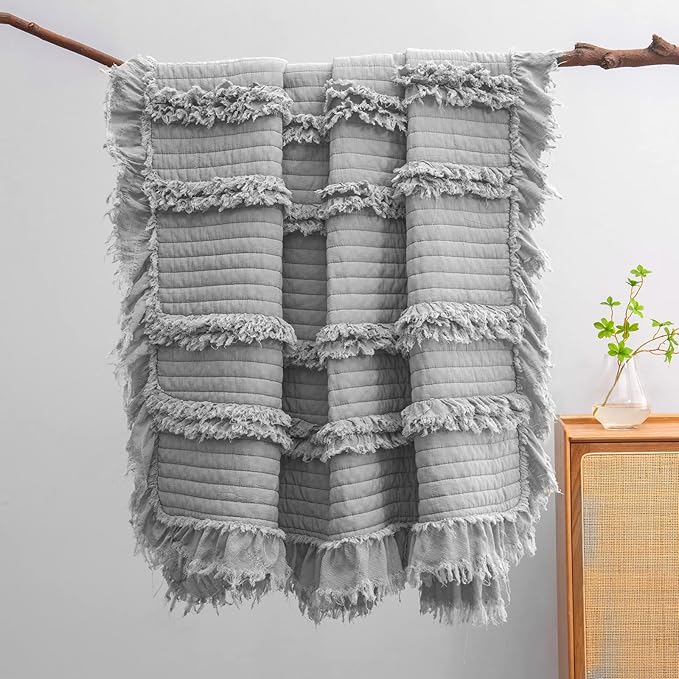 Ultra Soft Pre-Washed Quilted Boho Grey Queen Size Blankets for Bed, Ruffle Fringed Decorative Throw, Stone Washed Chic Rustic Blanket for Sofa Couch Bed, 90"*90"