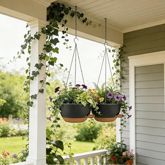 12 Inch Self Watering Hanging Planters 2 Pack, Indoor Outdoor Hanging Pots for Plants with Drainage Holes & Saucers, Black Brown Plastic Hanging Baskets for Kitchen Balcony Garden