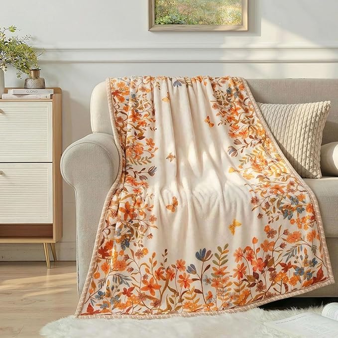 Lahome Floral Fleece Blanket for Women Girls Dorm Boho Decor, Small Throw Blanket for Couch Bed Chair Cover, Decorative Fleece Blanket Throws Mom Gift Spring Home Decor,Orange Wild Flower 50x60
