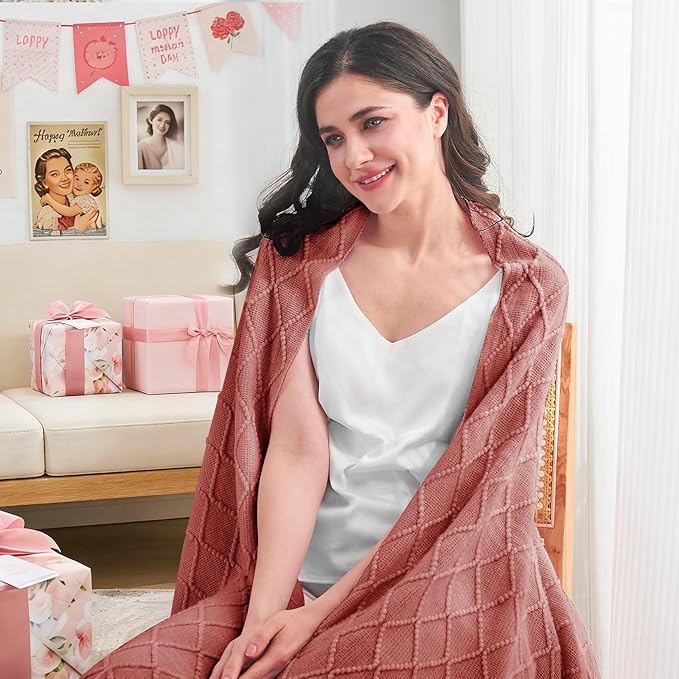 inhand Coral Pink Knitted Throw Blanket for Couch Bed, Mothers Day/Mom Birthday Gifts for Mom from Daughter Son, Soft Lightweight with Tassels, Farmhouse Warm Decorative Blanket for Women, 60"x80"