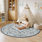 Lessymo 6FT Washable Round Area Rugs for Living Room, Non Slip Circle Rugs Low Pile Vintage Carpet for Bedroom, Dining Room, Nursery, Home Office, Grey Beige