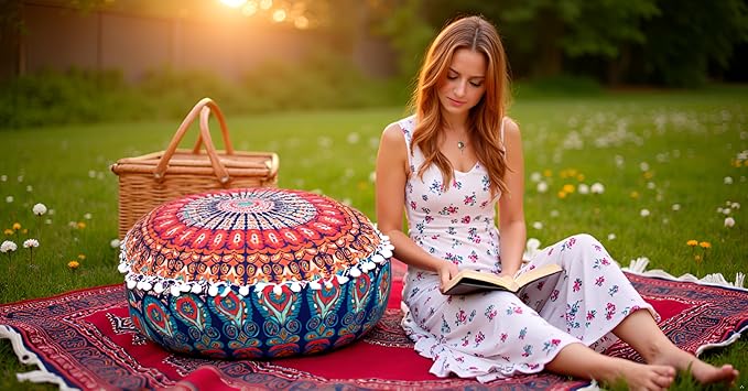 INDIAN CRAFT CASTLE ICC Mandala Barmeri Large Floor Pillow Cover Cushion Meditation Seating Ottoman Throw Cover Hippie Decorative Zipped Bohemian Pouf Ottoman Cases Orange Peacock 18" Round