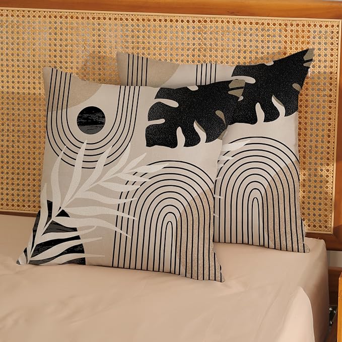 Boho Black Pillow Covers 18x18 Inch Set of 2 Black BeigeTropical Leaf Decor Mid Century Throw Pillows Outdoor Bohemian Modern Decorative Pillowcase Farmhouse Linen Cushion Case for Couch Sofa