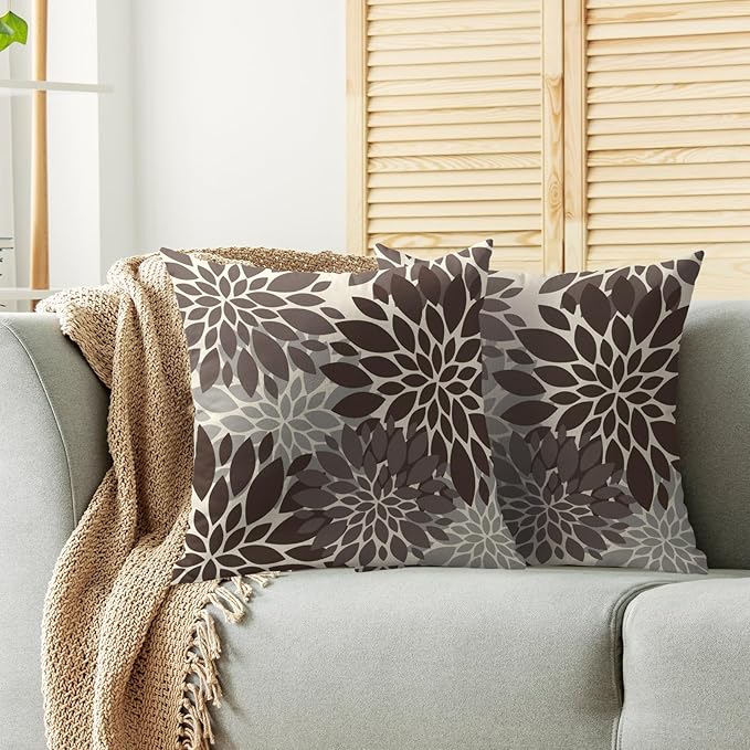 Dark Brown Grey Gray Pillow Covers 24X24 Inch Set of 2, Dahlia Flower Spring Summer Floral Cream Decorative Throw Pillow Covers Outdoor Modern Farmhouse Cushion Case for Home Couch Sofa Bed Decor