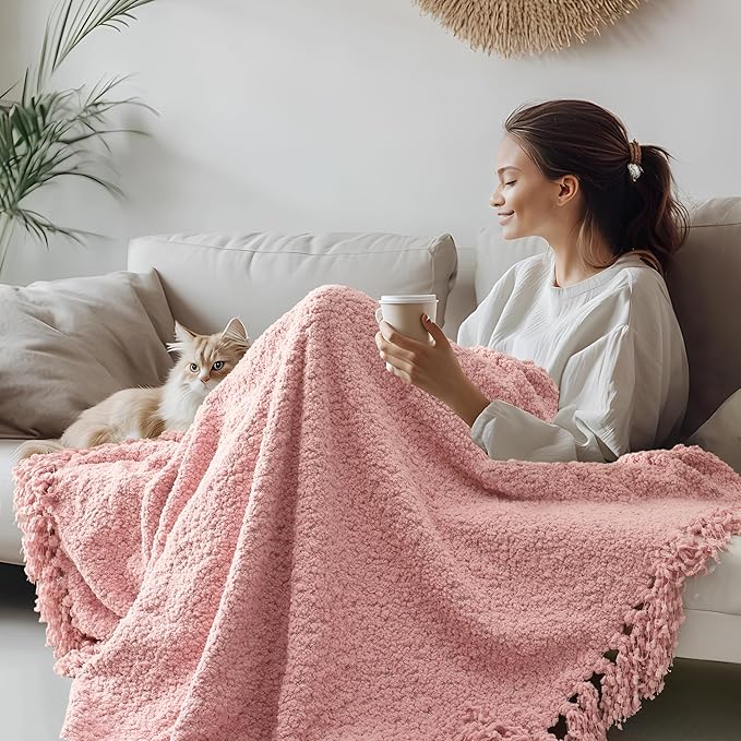Throw Blanket for Couch, Dusty Pink Luxury Knitted Throws 50"x60", Textured Blankets with Handmade Fringe Tassels for Bed Sofa Decorative, Chunky Soft Farmhouse Boho Home Decor