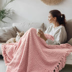 Throw Blanket for Couch, Dusty Pink Luxury Knitted Throws 60"x80", Textured Blankets with Handmade Fringe Tassels for Bed Sofa Decorative, Chunky Soft Farmhouse Boho Home Decor