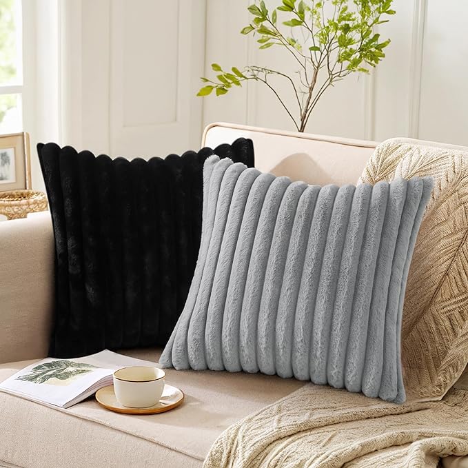 Pallene Faux Fur Plush Throw Pillow Covers 26x26 Set of 2, Luxury Soft Fluffy Striped Decorative Pillow Covers for Sofa, Couch, Living Room, Black