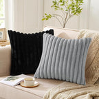 Pallene Faux Fur Plush Throw Pillow Covers 22x22 Set of 2, Luxury Soft Fluffy Striped Decorative Pillow Covers for Sofa, Couch, Living Room, Black