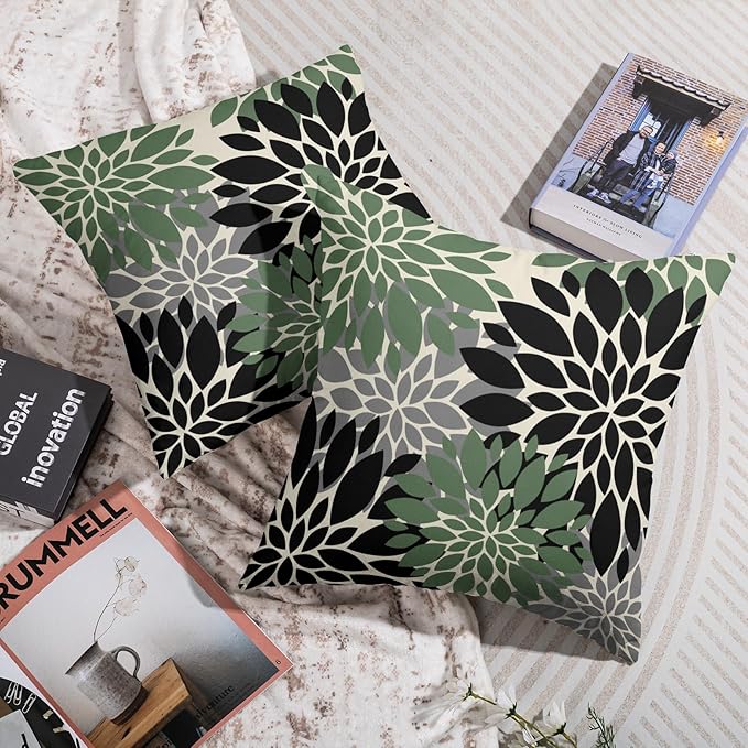 Black Sage Green Pillow Covers 24X24 Inch Set of 2, Spring Summer Floral Dahlia Flower Cream Decorative Throw Pillow Covers Outdoor Modern Farmhouse Cushion Case for Home Couch Sofa Bed Decor