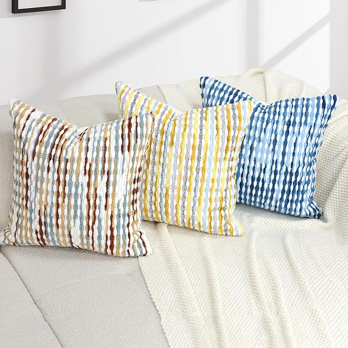 Boho Decorative Throw Pillow Covers 18x18 Inch, Chenille Tufted Pillow Cover Striped Textured Square Farmhouse Accent Pillowcase for Couch Sofa Bedroom Living Room, Blue White Stripe, 1 Pack